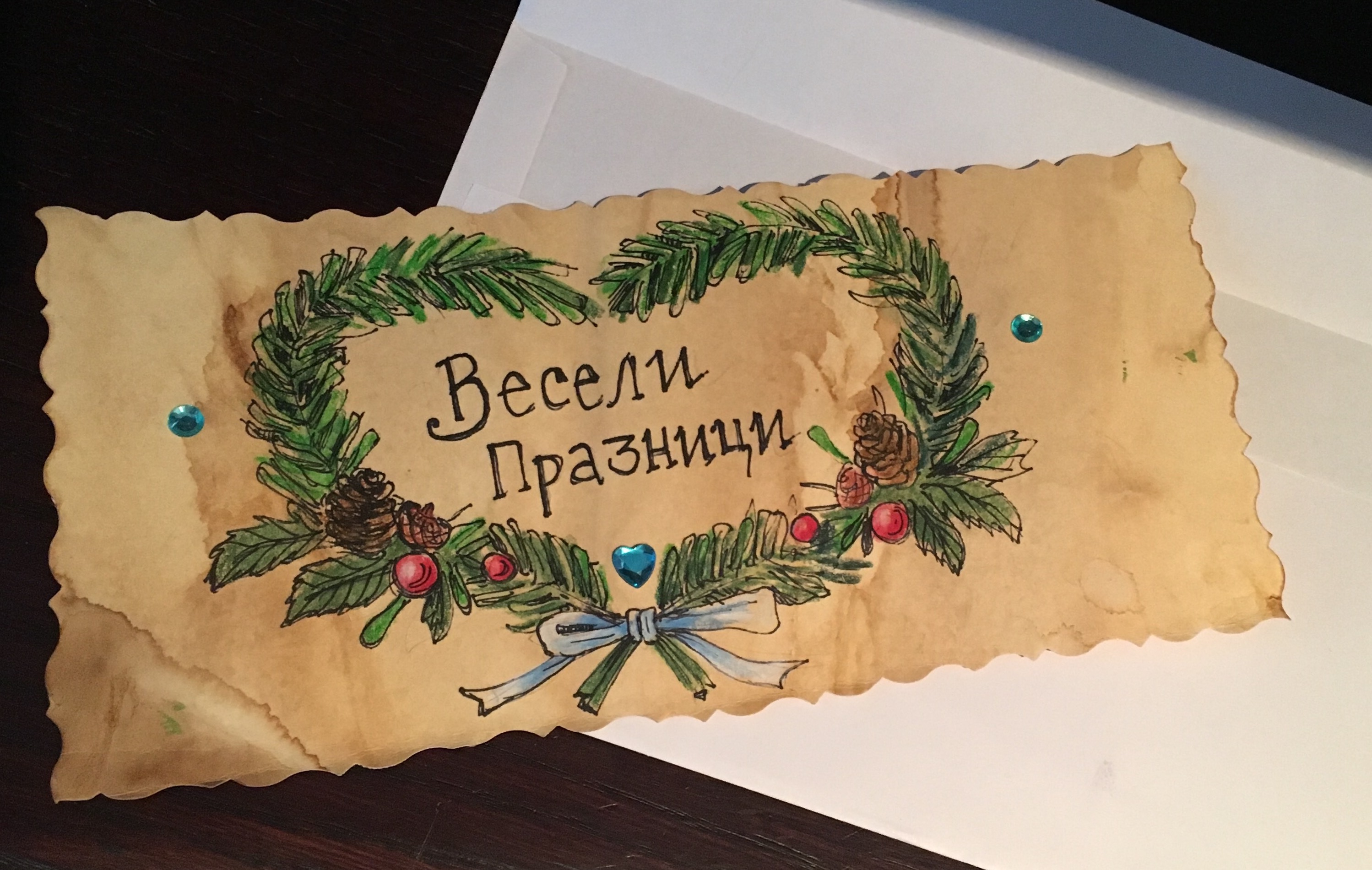 Коледна картичка, акварел, туш, декорация с камъни, художник Диляна Колева
